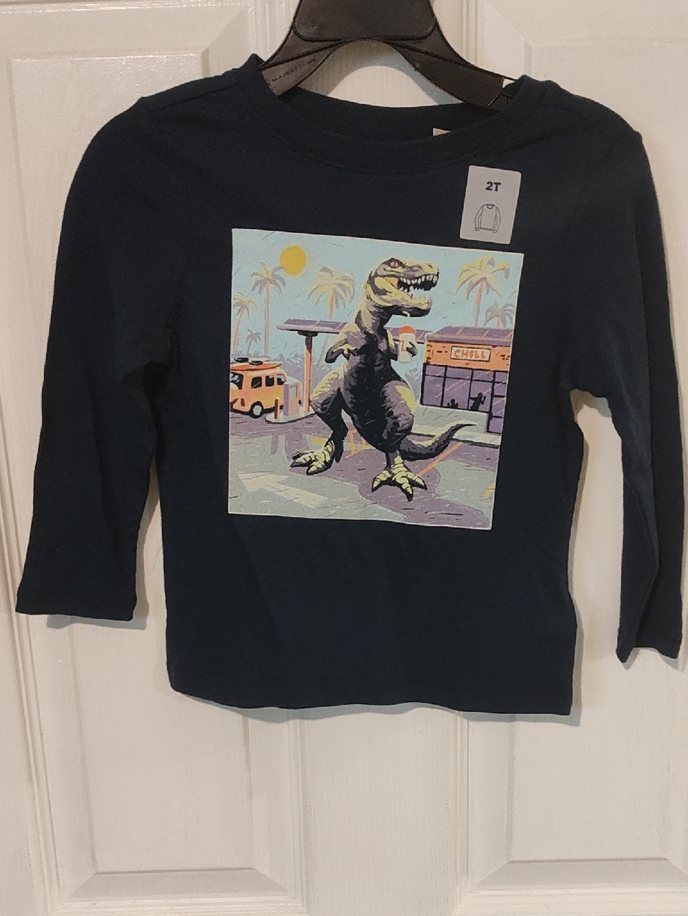 Old Navy Dark Blue Long-Sleeve Tee with Colorful Dinosaur Print